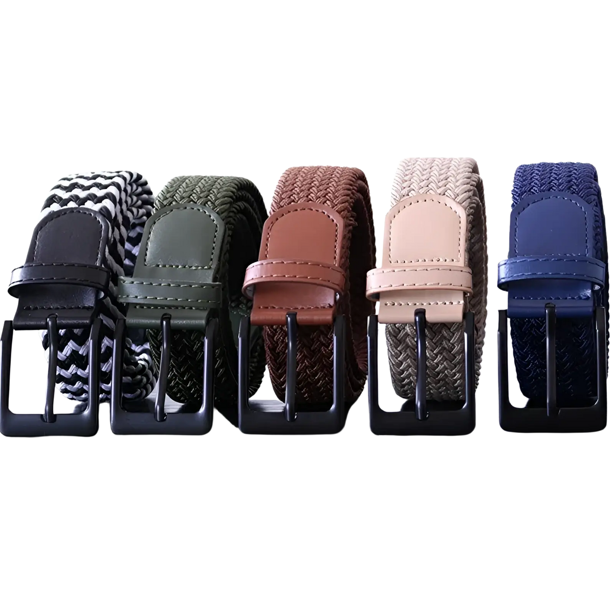 Five men canvas elastic tactical belts in black olive green brown beige and navy with matching leather-like pin buckles