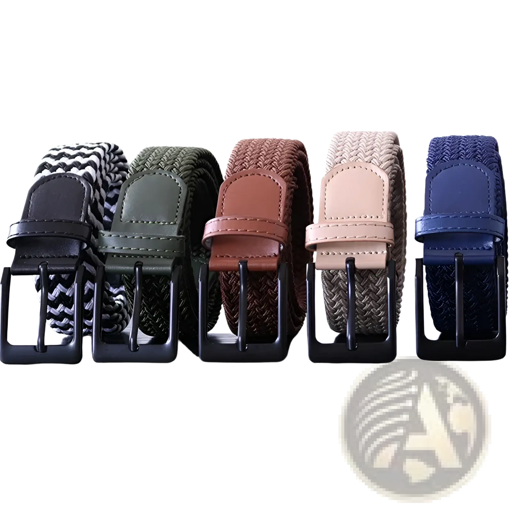 Five men canvas elastic tactical belts in black olive green brown beige and navy with matching leather-like pin buckles