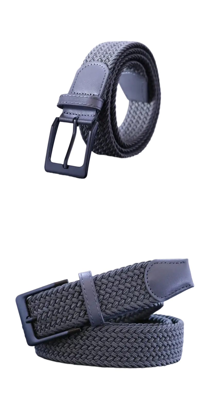 Men canvas elastic tactical belt in gray woven fabric with black metal pin buckle and leather accents