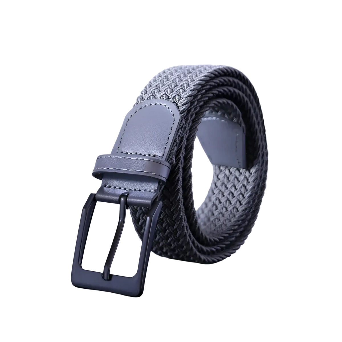 Men canvas elastic tactical belt with gray woven fabric, black metal pin buckle, and leather accent