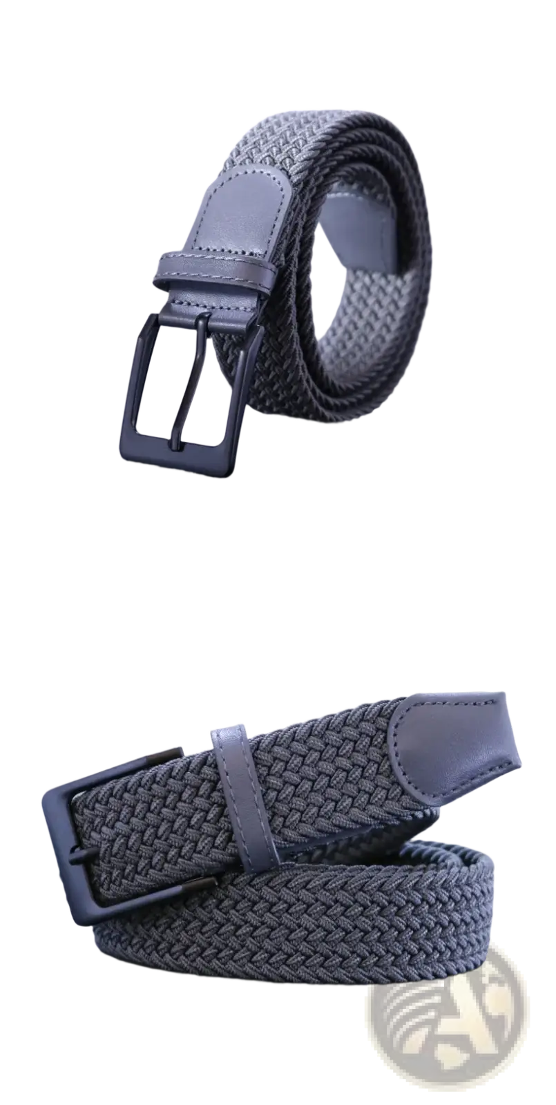 Men canvas elastic tactical belt in gray woven fabric with black metal pin buckle and leather accents