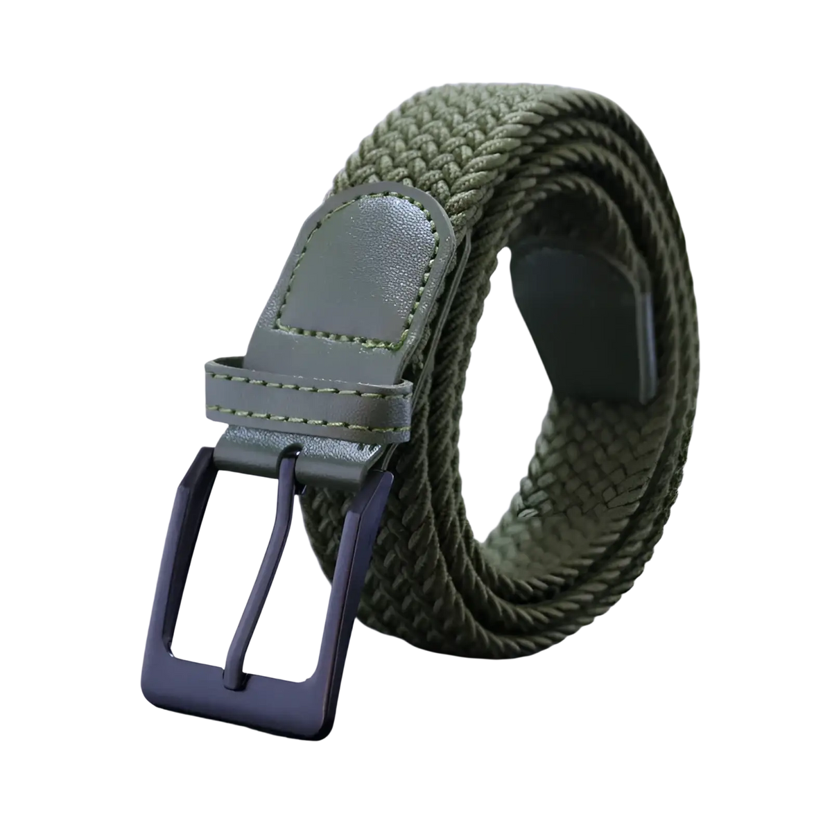 Men canvas elastic tactical belt in olive green woven fabric with matching leather tab and black metal pin buckle
