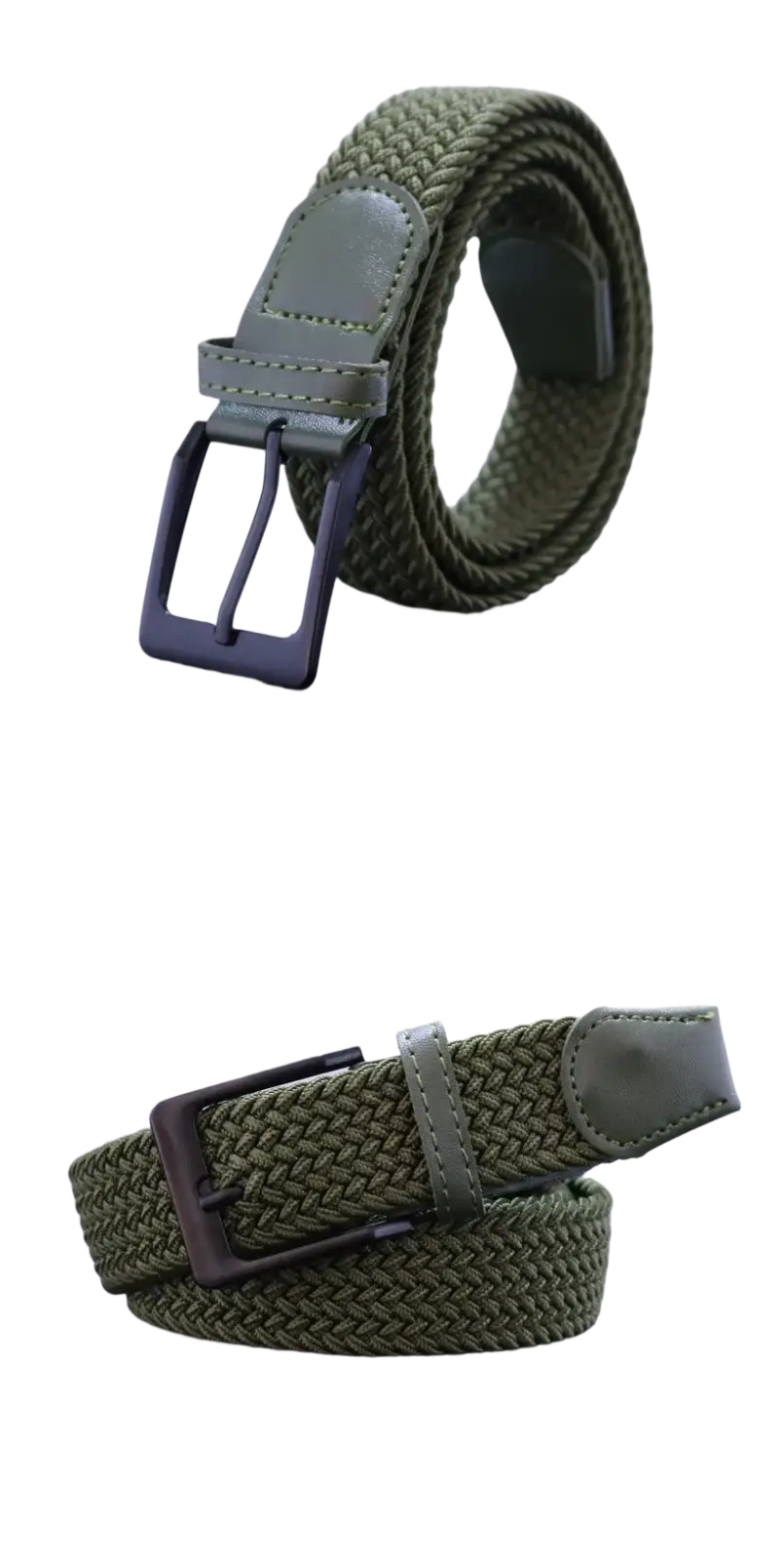 Men canvas elastic tactical belt in olive green woven fabric with matte black pin buckle and leather accent