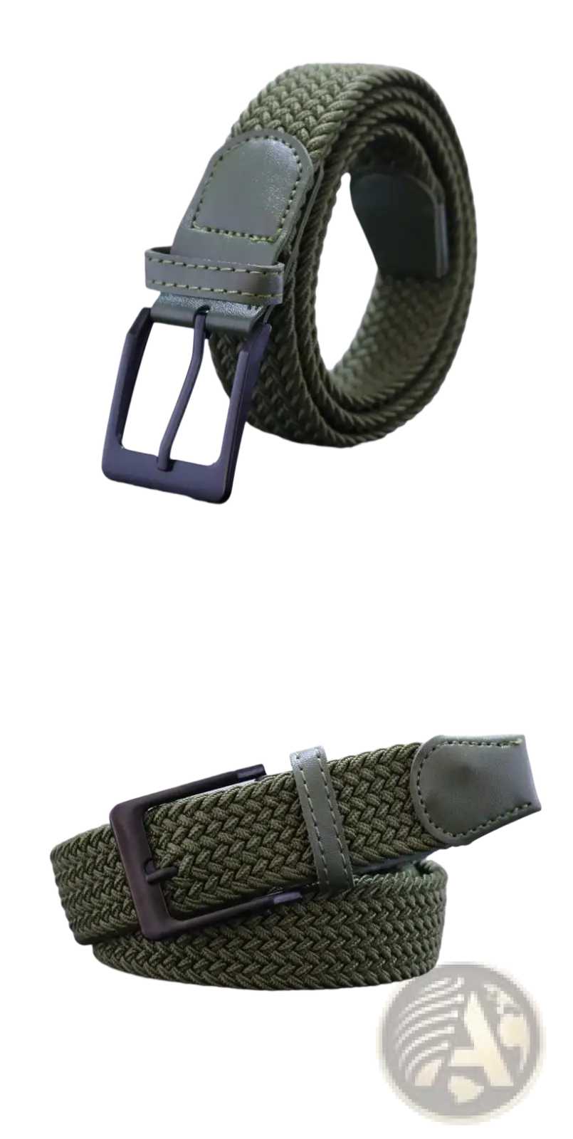 Men canvas elastic tactical belt in olive green woven fabric with matte black pin buckle and leather accent