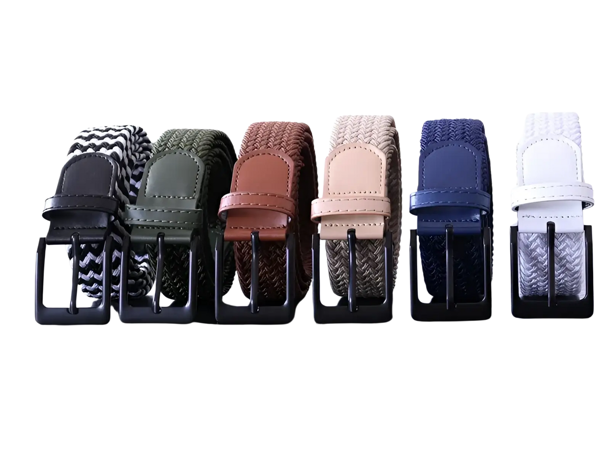 Six men canvas elastic tactical belts with pin buckles in black white olive green brown beige and navy blue colors