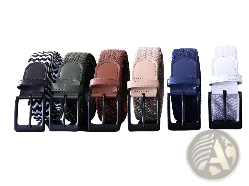 Six men canvas elastic tactical belts with pin buckles in black white olive green brown beige and navy blue colors