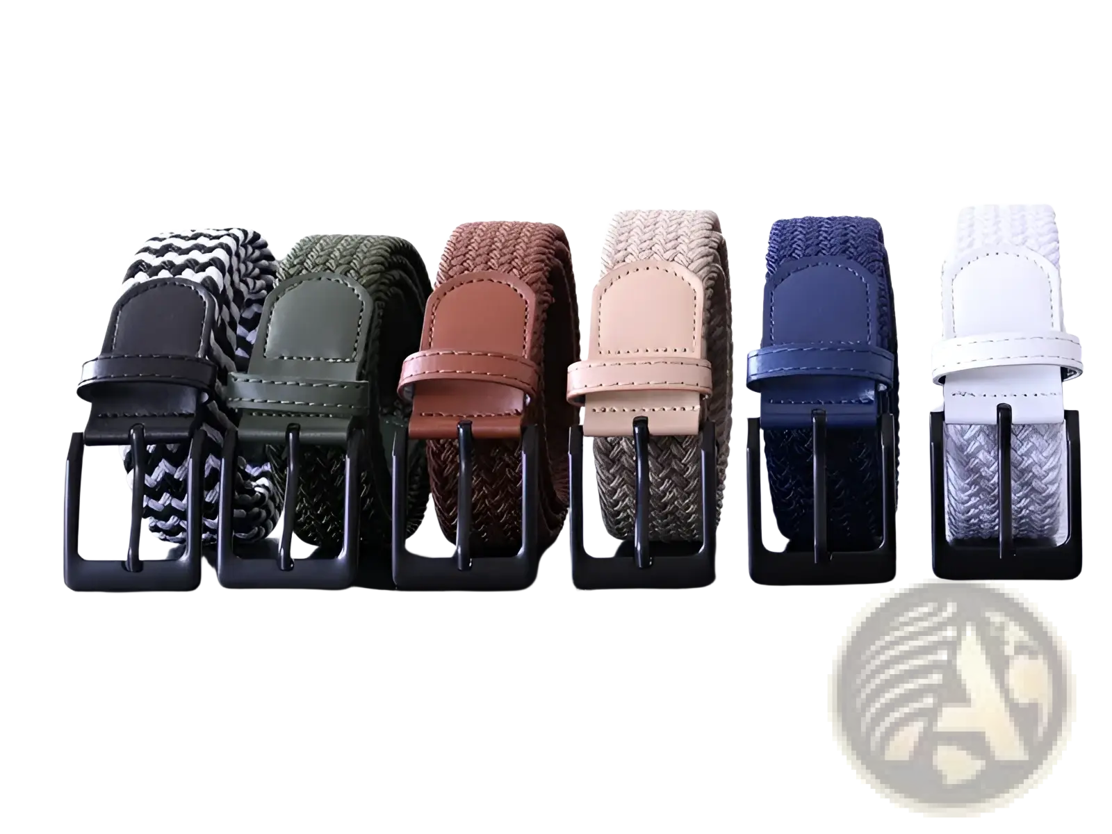 Six men canvas elastic tactical belts with pin buckles in black white olive green brown beige and navy blue colors