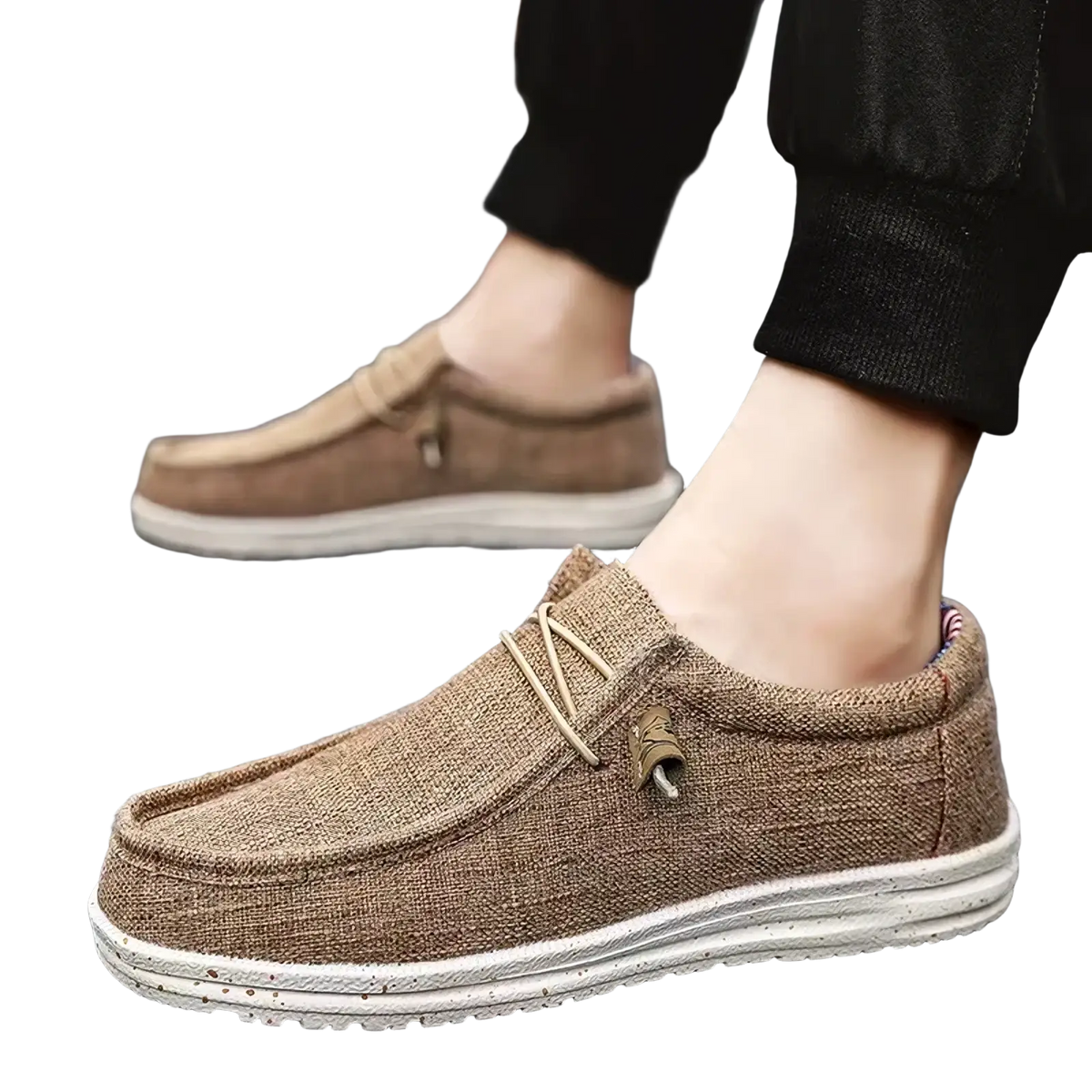 Beige canvas slip-on loafers with light beige laces and white rubber sole for men casual shoes