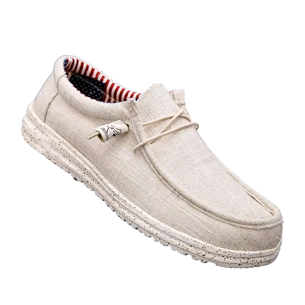 Men canvas slip-on loafers casual shoes in beige with speckled rubber sole and red and white striped lining