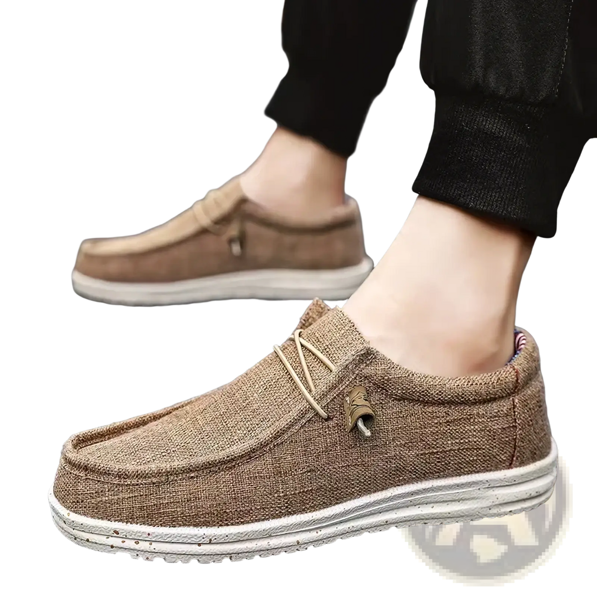 Beige canvas slip-on loafers with light beige laces and white rubber sole for men casual shoes
