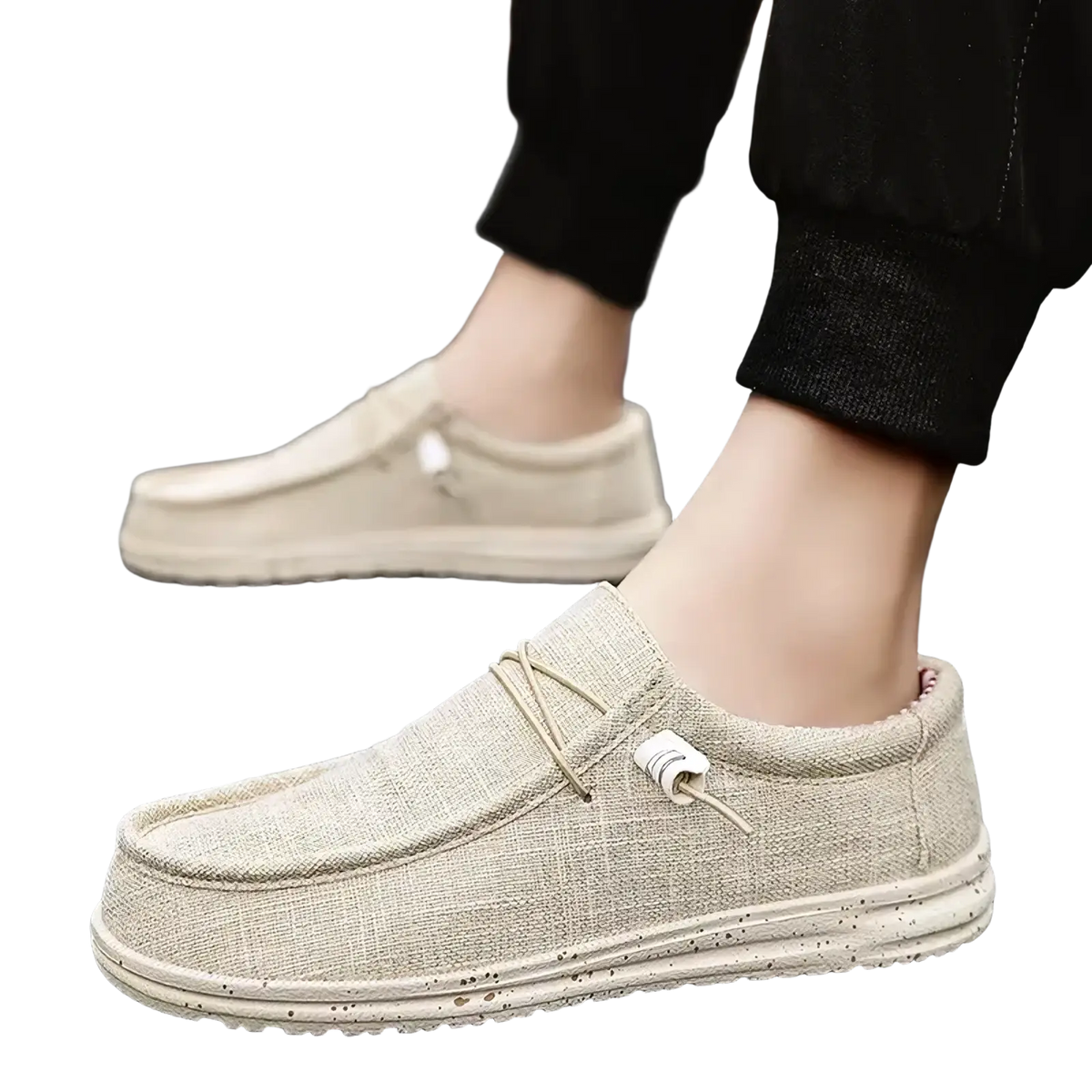Men canvas slip-on loafers in beige linen with speckled rubber sole and white lace-up detail for casual wear
