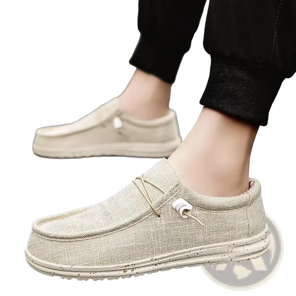 Men canvas slip-on loafers in beige linen with speckled rubber sole and white lace-up detail for casual wear