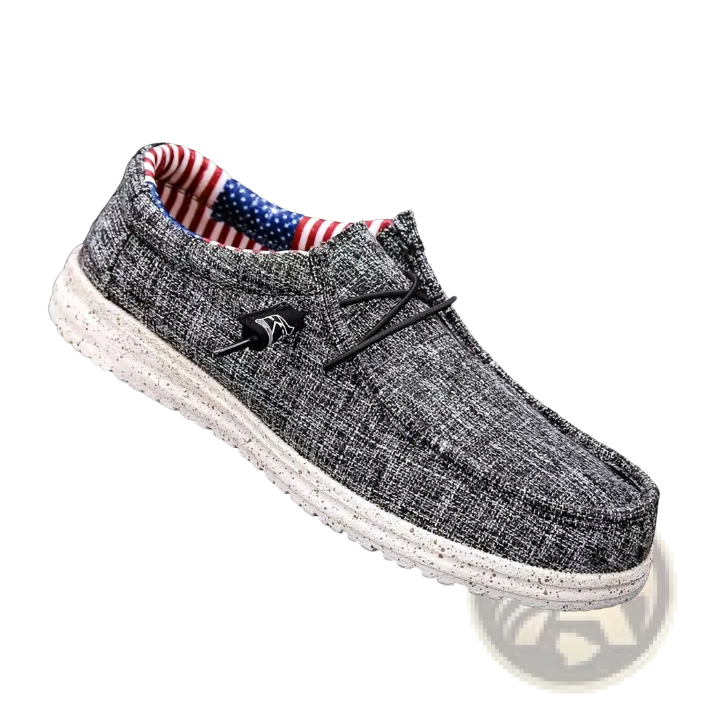 Men canvas slip-on loafers casual shoes in gray textured fabric with white speckled sole and american flag lining