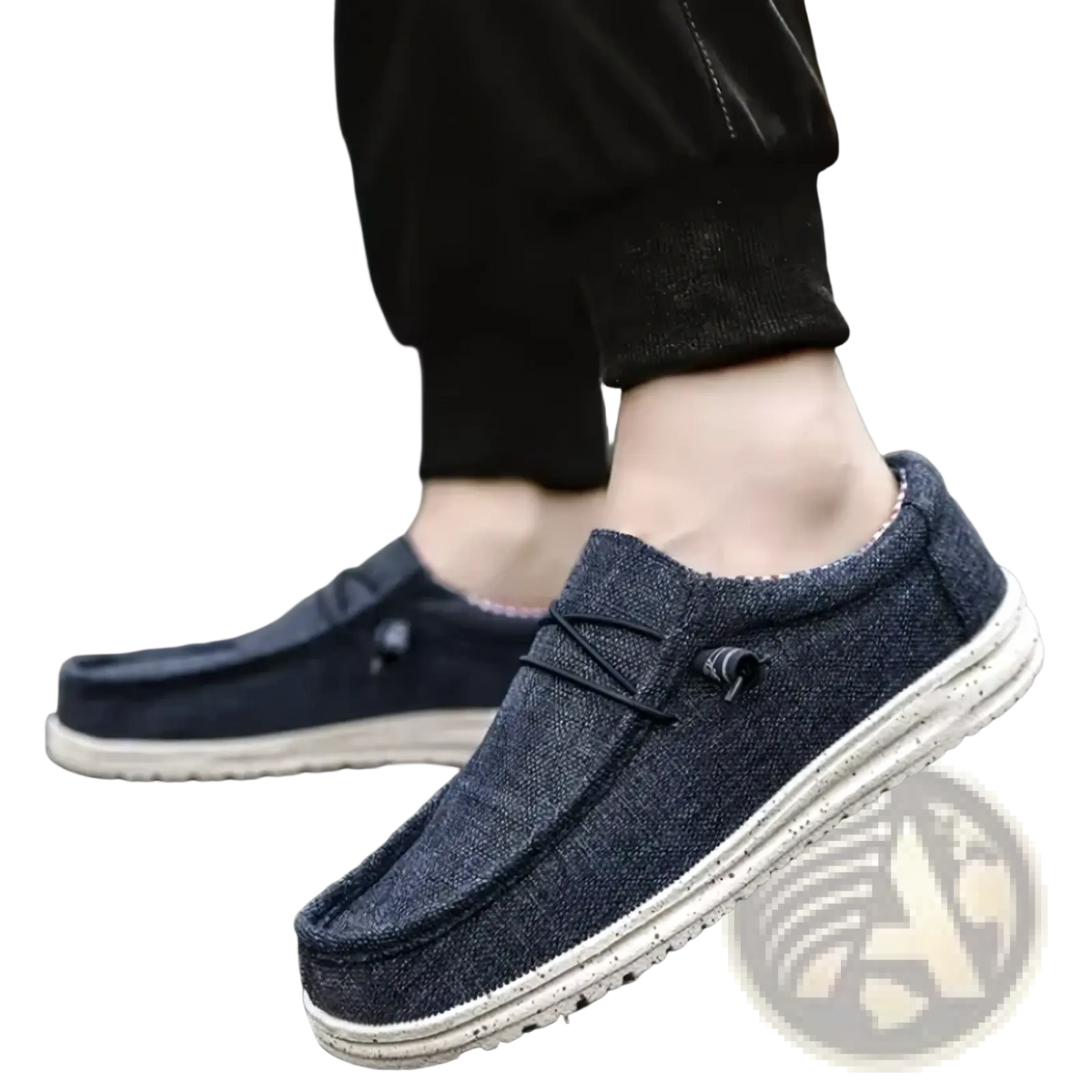 Men canvas slip-on loafers casual shoes in dark blue with white rubber soles and black laces