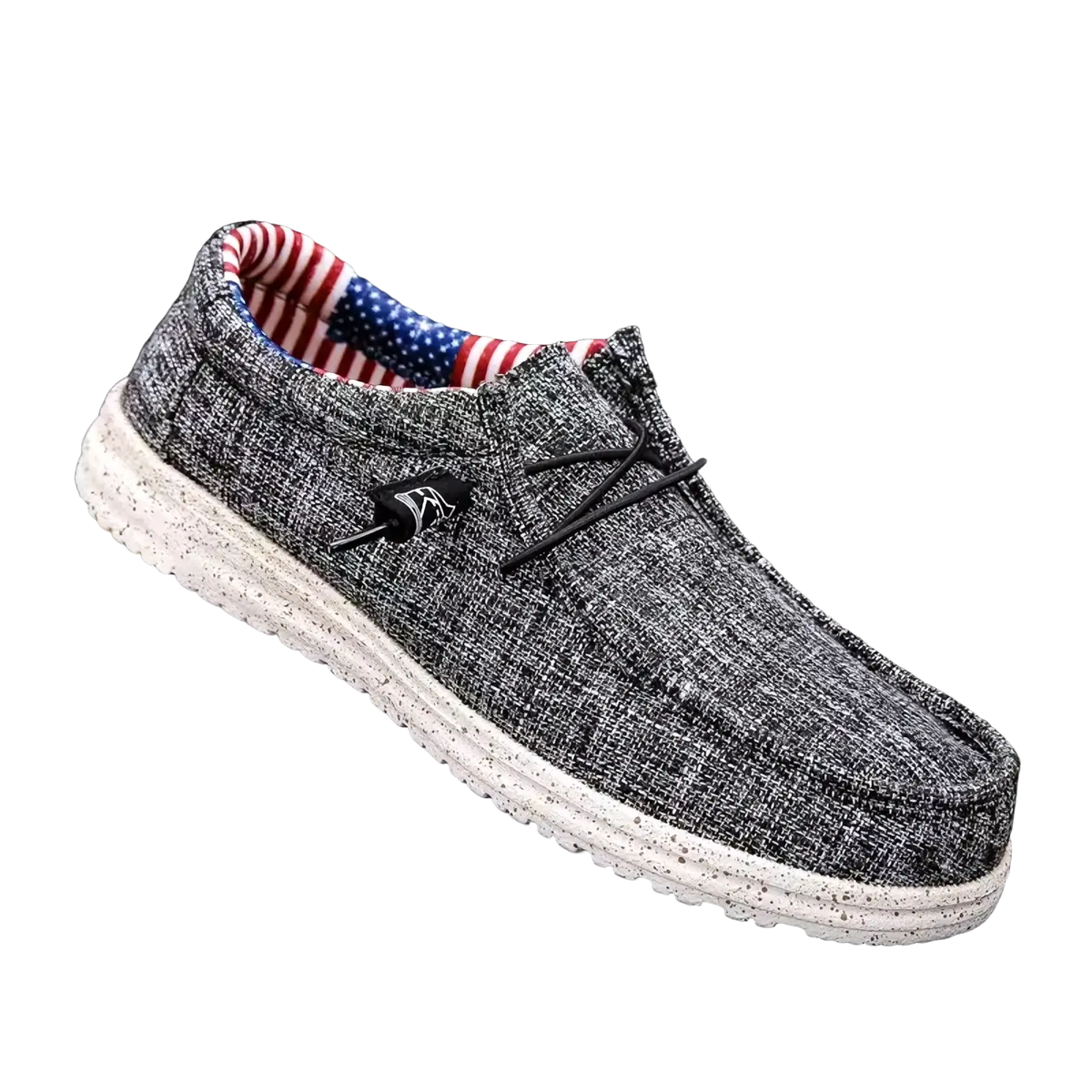 Men canvas slip-on loafers casual shoes in gray textured fabric with white speckled sole and american flag lining