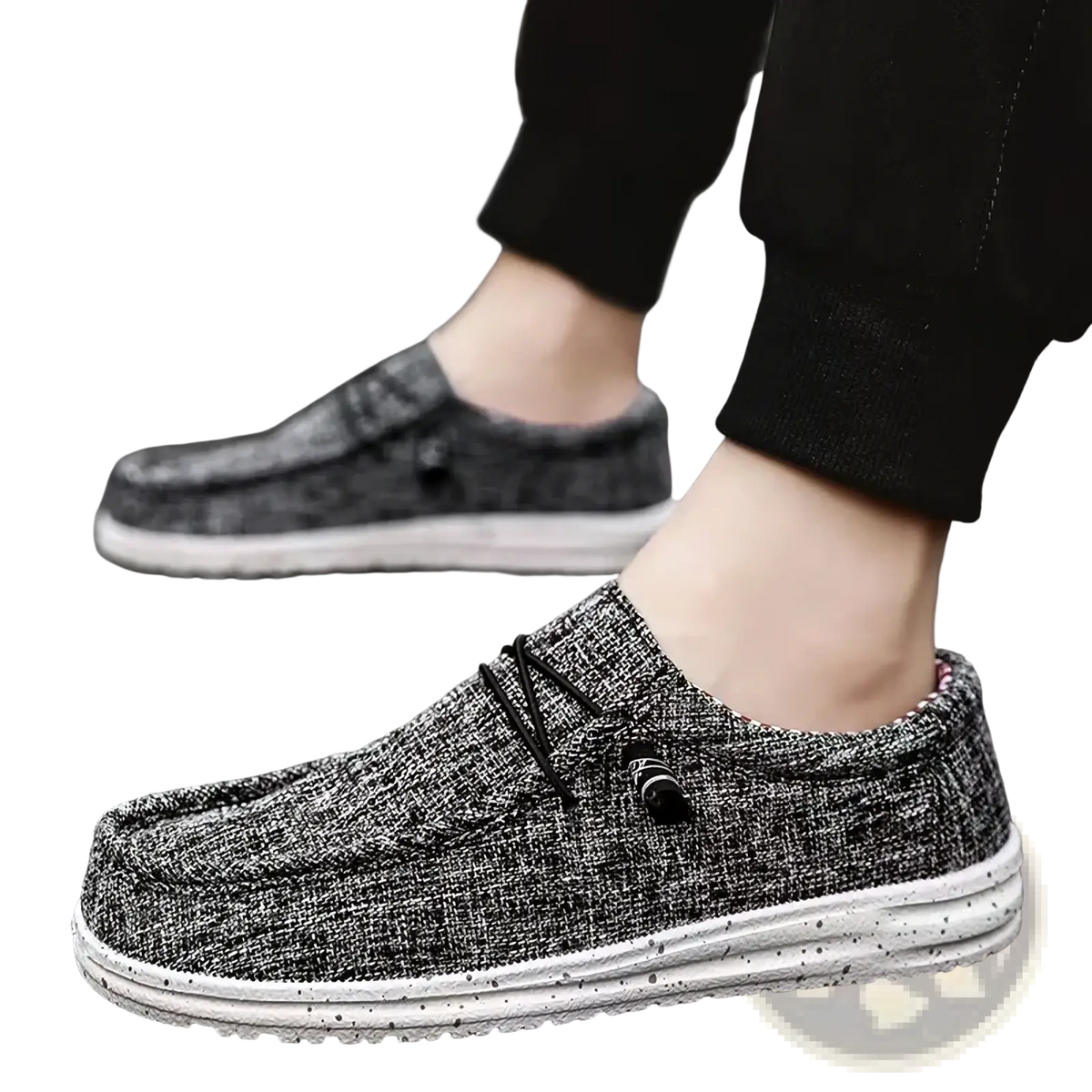 Men canvas slip-on loafers casual shoes in gray textured canvas with black laces and white speckled rubber sole