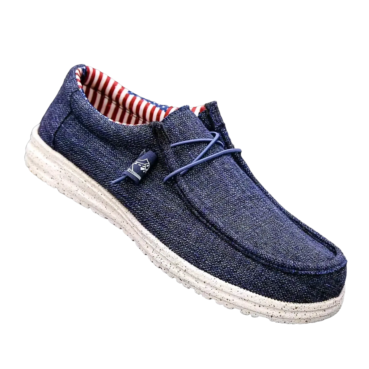 Men canvas slip-on loafers in navy blue with white speckled rubber sole and red and white striped lining