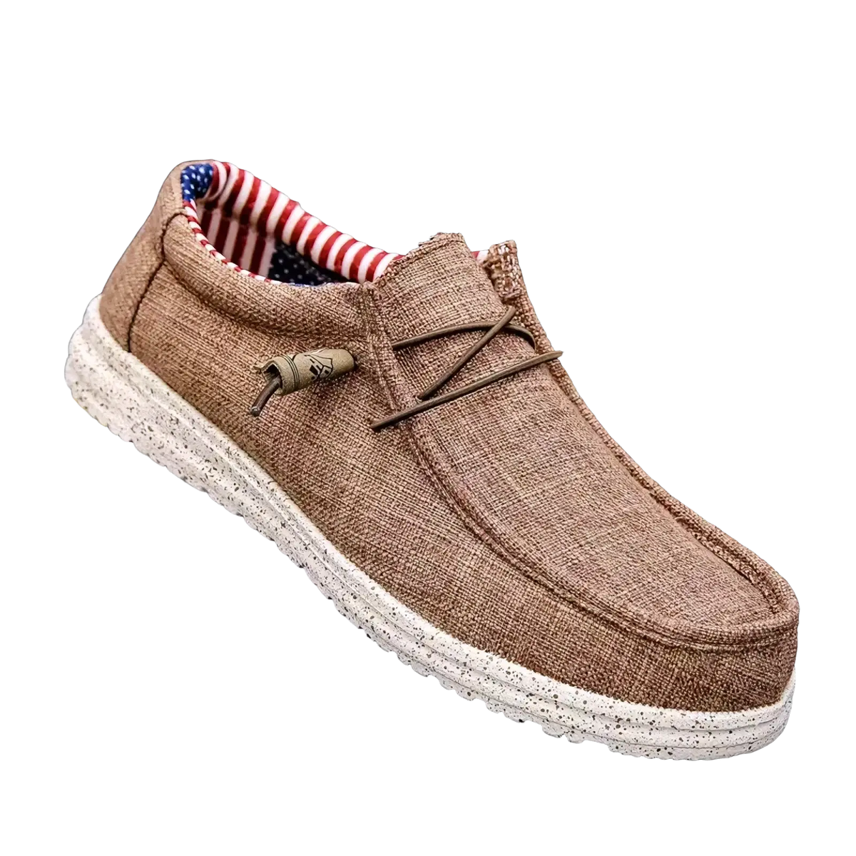 Men canvas slip-on loafers casual shoes in tan with white speckled sole and american flag pattern lining