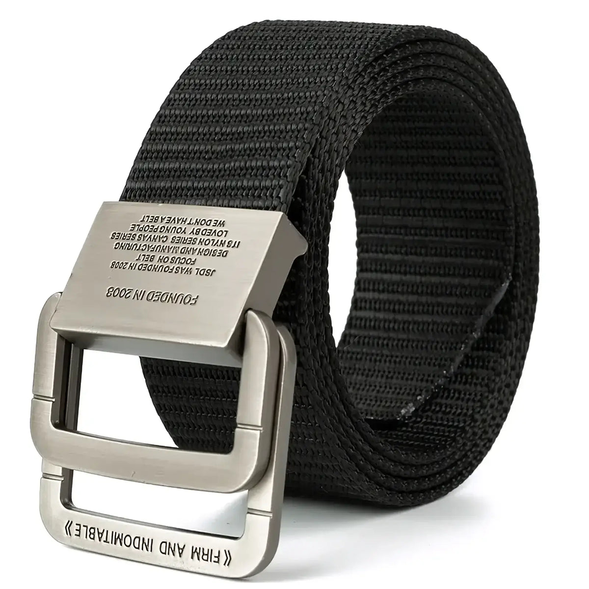 Black woven men canvas tactical belt with silver-toned automatic metal buckle featuring engraved text