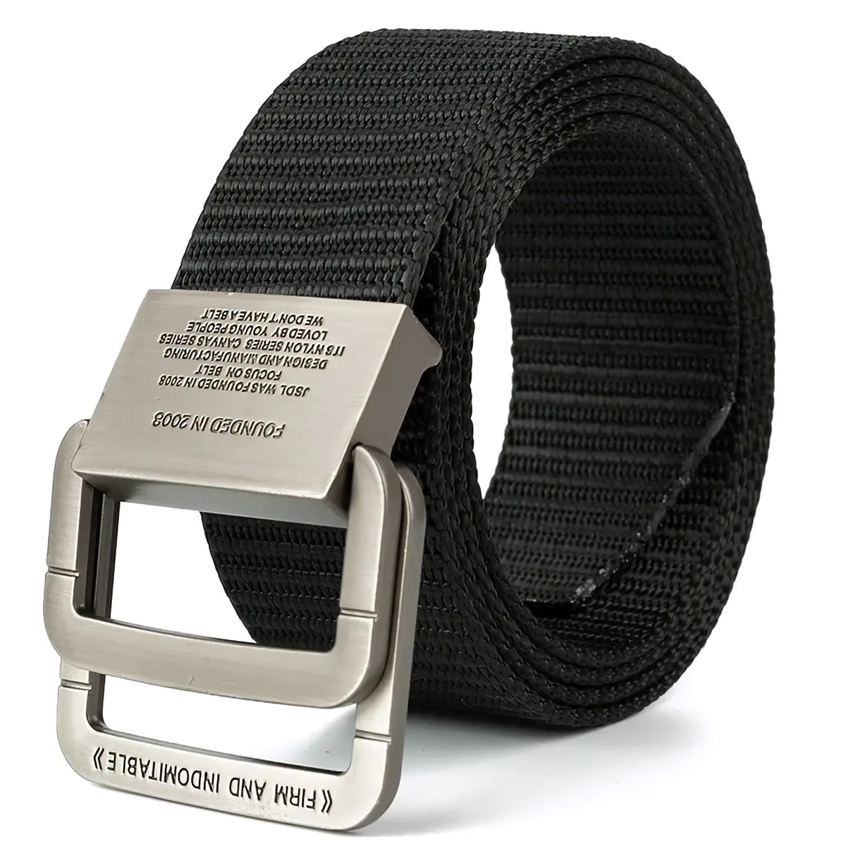 Black woven canvas men canvas tactical belt with silver-toned automatic metal buckle engraved with text