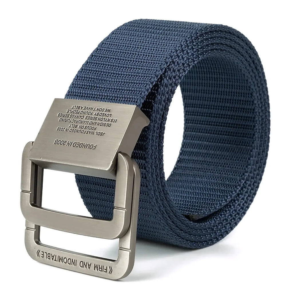 Men canvas tactical belt in navy blue woven canvas with a silver-toned automatic metal buckle featuring engraved text
