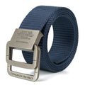 Men canvas tactical belt in navy blue woven canvas with a silver-toned automatic metal buckle featuring engraved text