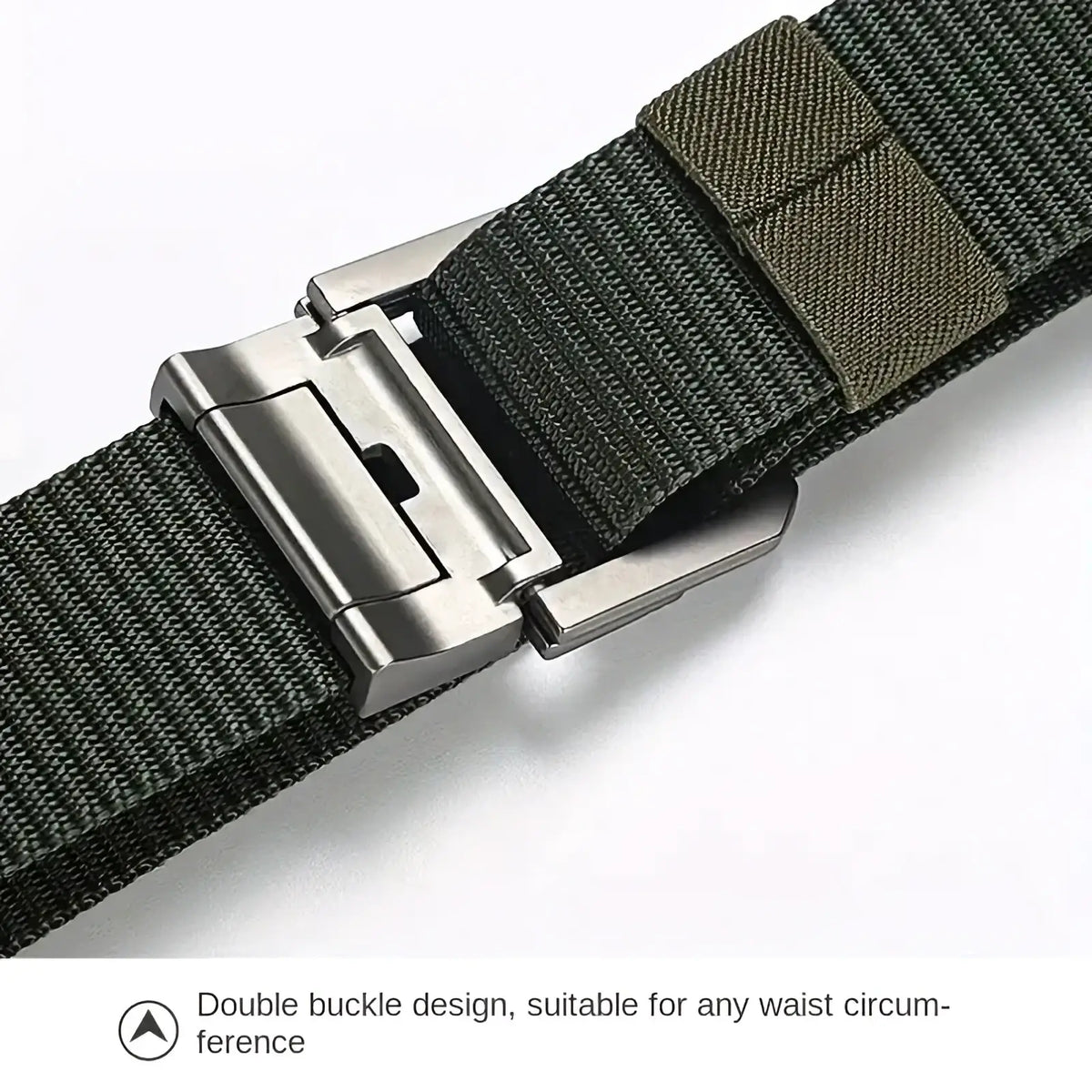 Men canvas tactical belt in dark green woven nylon with a sleek silver-toned double automatic metal buckle