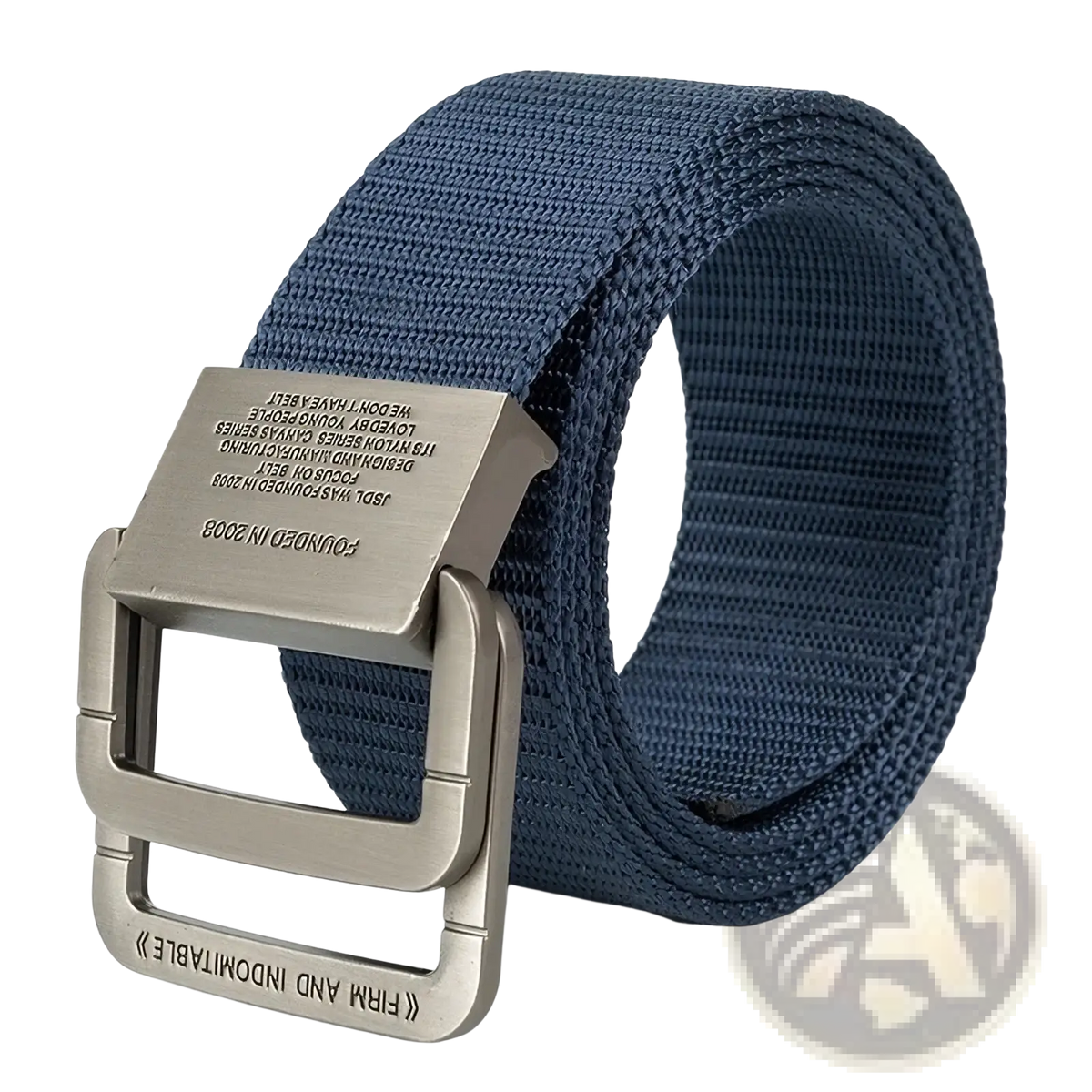 Men canvas tactical belt in navy blue woven canvas with automatic silver-toned metal buckle engraved text