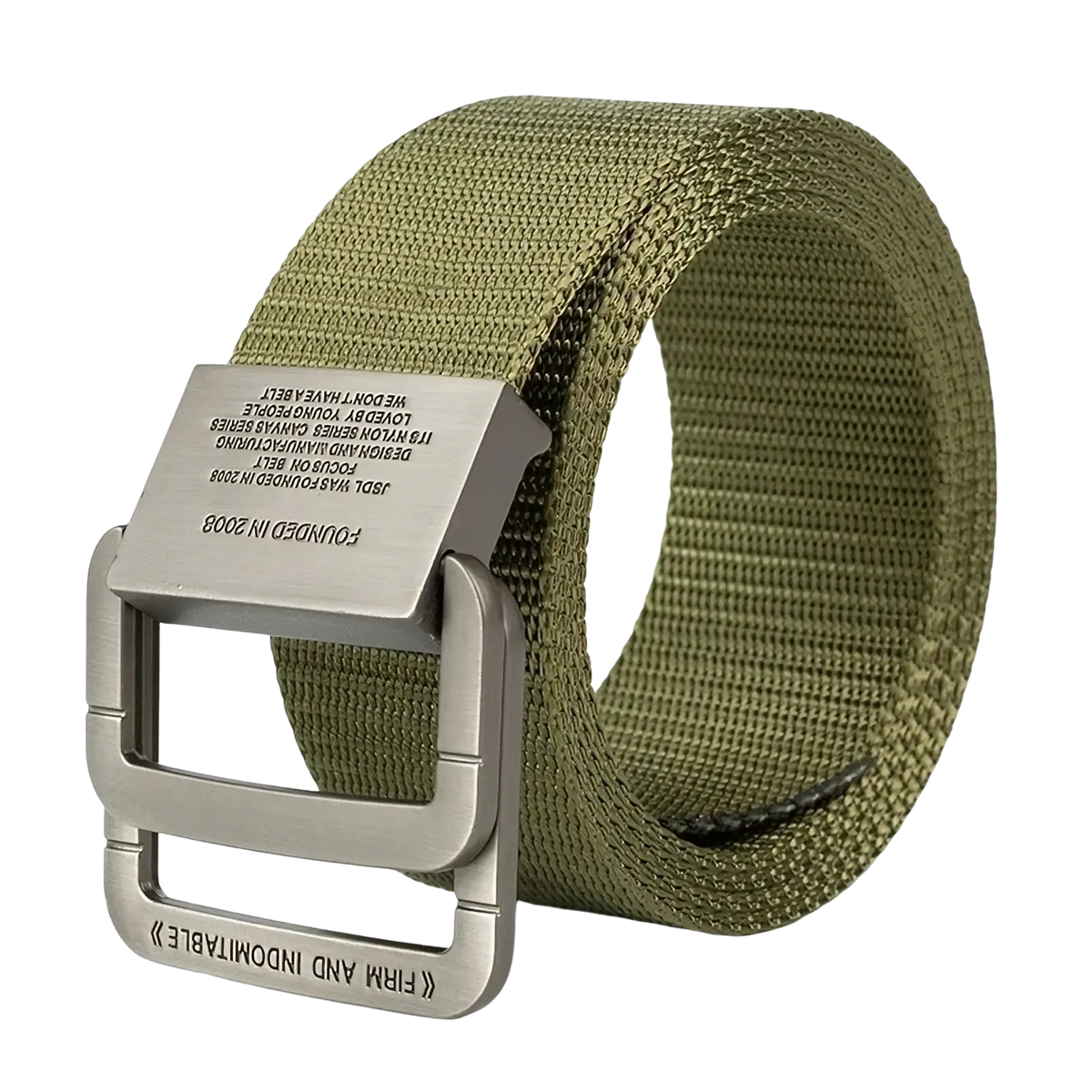 Men canvas tactical belt in olive green with an automatic silver metal buckle featuring engraved text