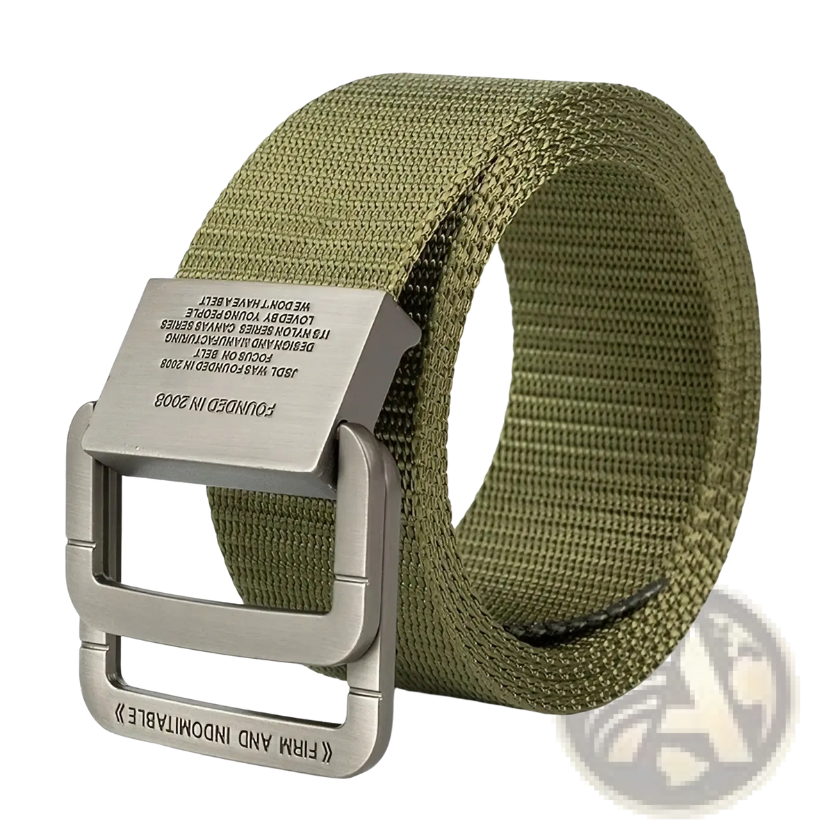 Men canvas tactical belt in olive green with an automatic silver metal buckle featuring engraved text