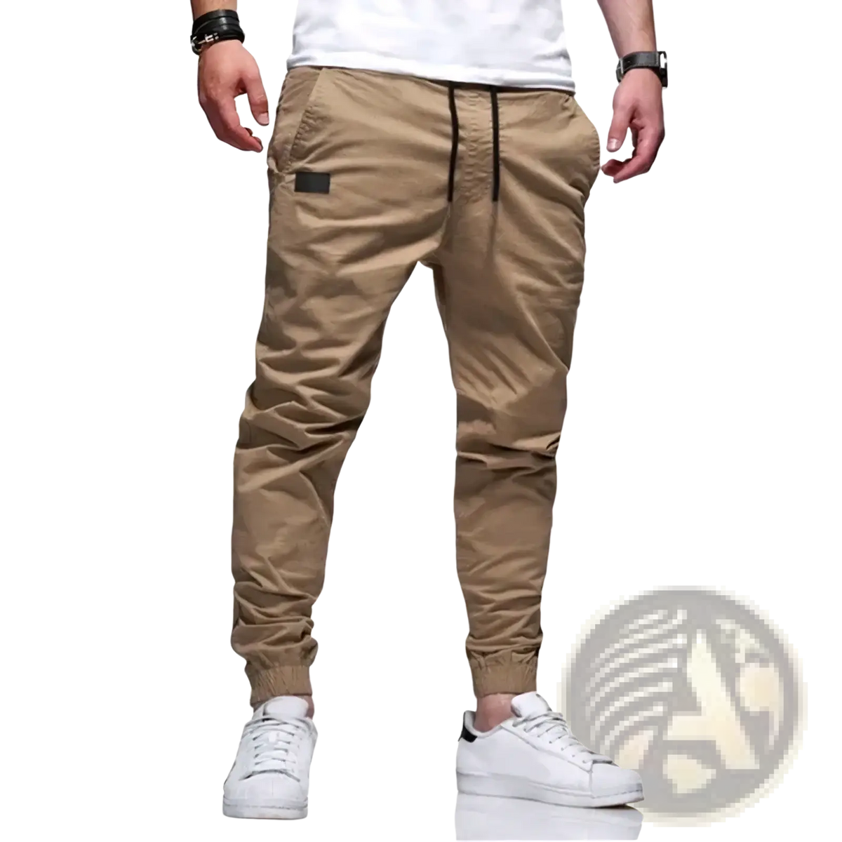 Men cargo jogger pants beige slim fit casual trousers with black drawstring and small black patch on thigh