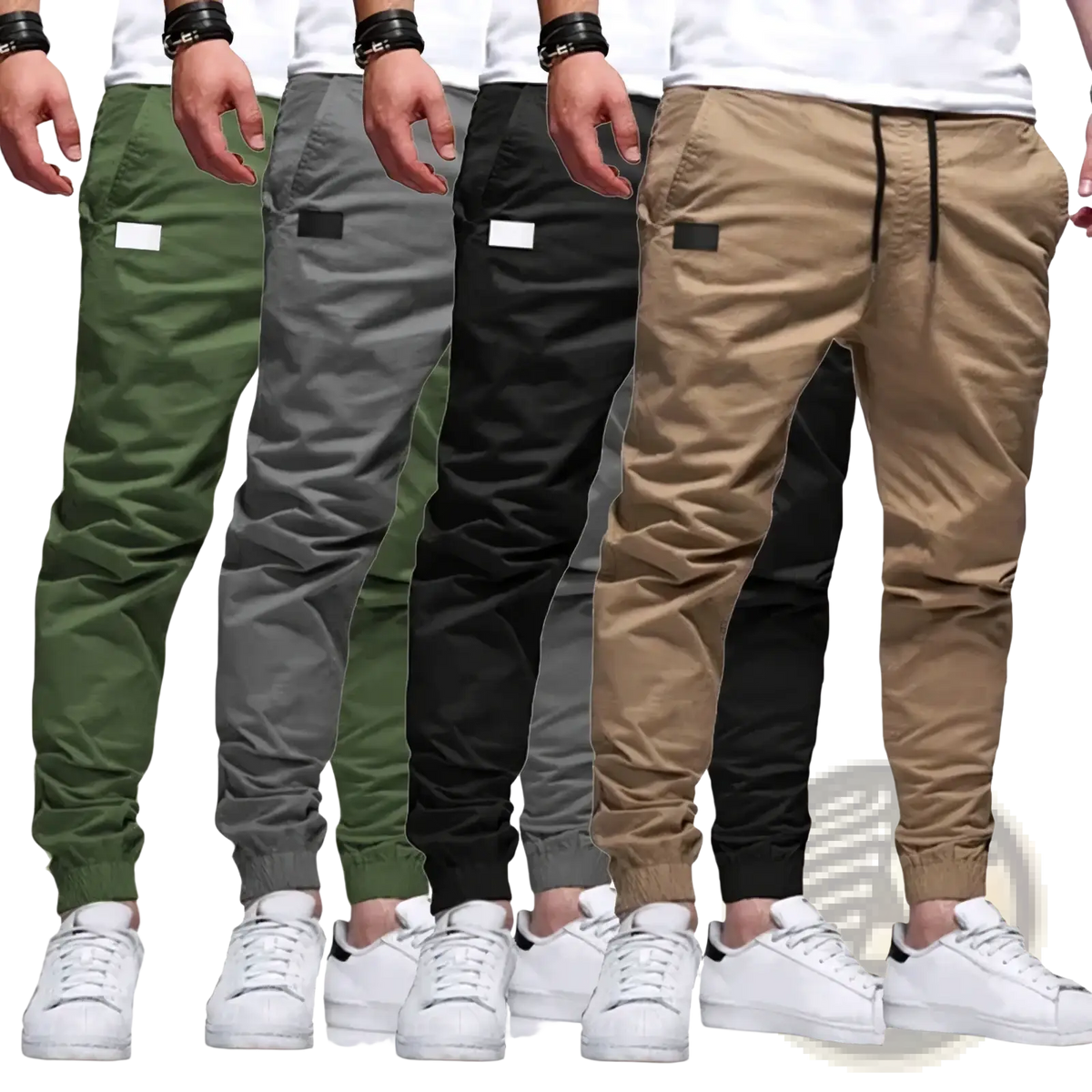 Beige men cargo jogger pants with black drawstring waistband and side pockets in slim fit casual design