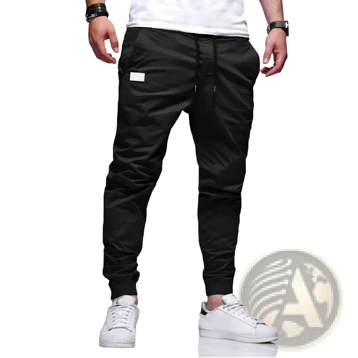 Black men cargo jogger pants with drawstring waist and elastic cuffs slim fit casual trousers front view
