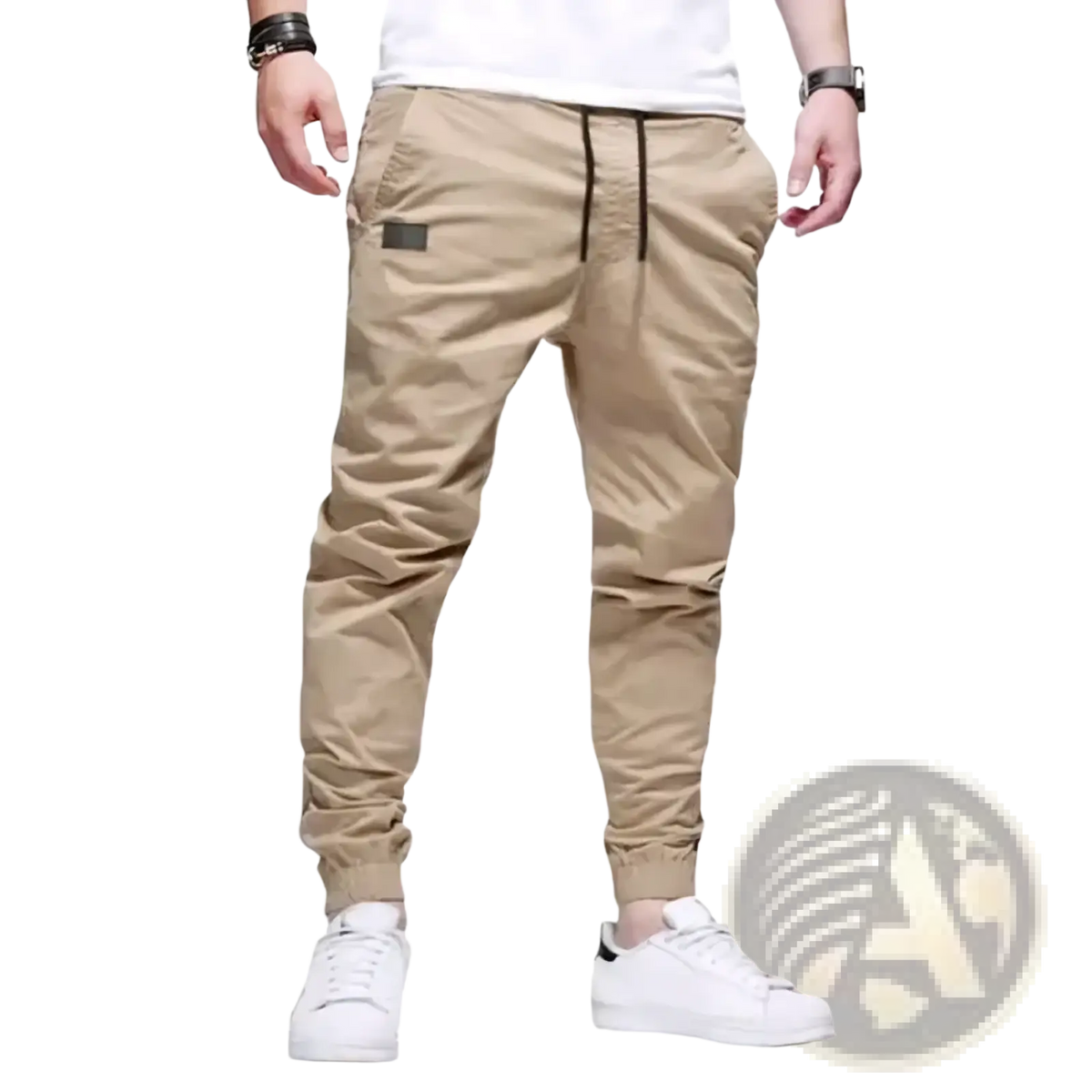 Men cargo jogger pants in beige with black drawstring and thigh patch designed for casual slim fit wear