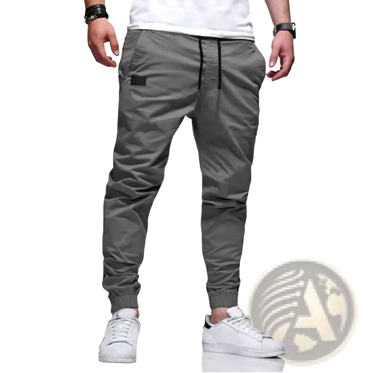 Men cargo jogger pants casual slim fit trousers in gray with black drawstrings and a small black thigh patch
