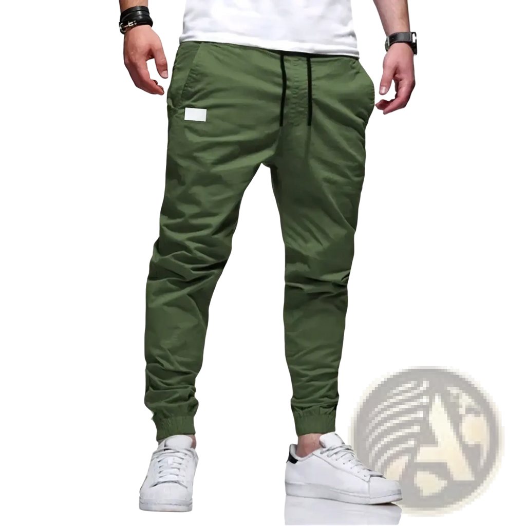 Olive green men cargo jogger pants with black drawstring and white patch on thigh slim fit casual trousers
