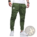 Olive green men cargo jogger pants with black drawstring and white patch on thigh slim fit casual trousers