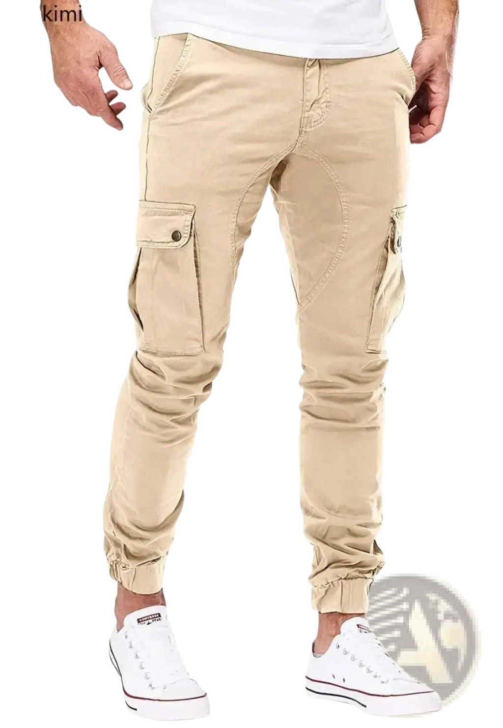 Beige men cargo jogger pants with multiple pockets and elastic cuffs designed for streetwear and casual use