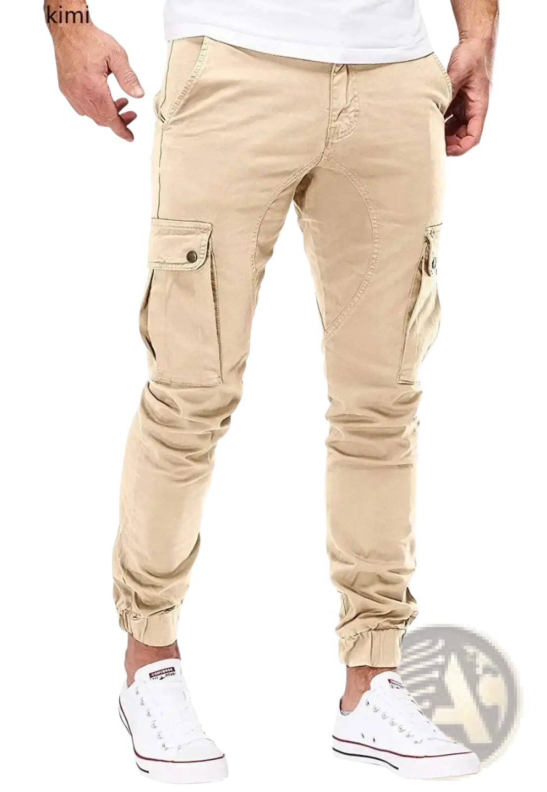 Beige men cargo jogger pants with multiple pockets and elastic cuffs designed for streetwear and casual use