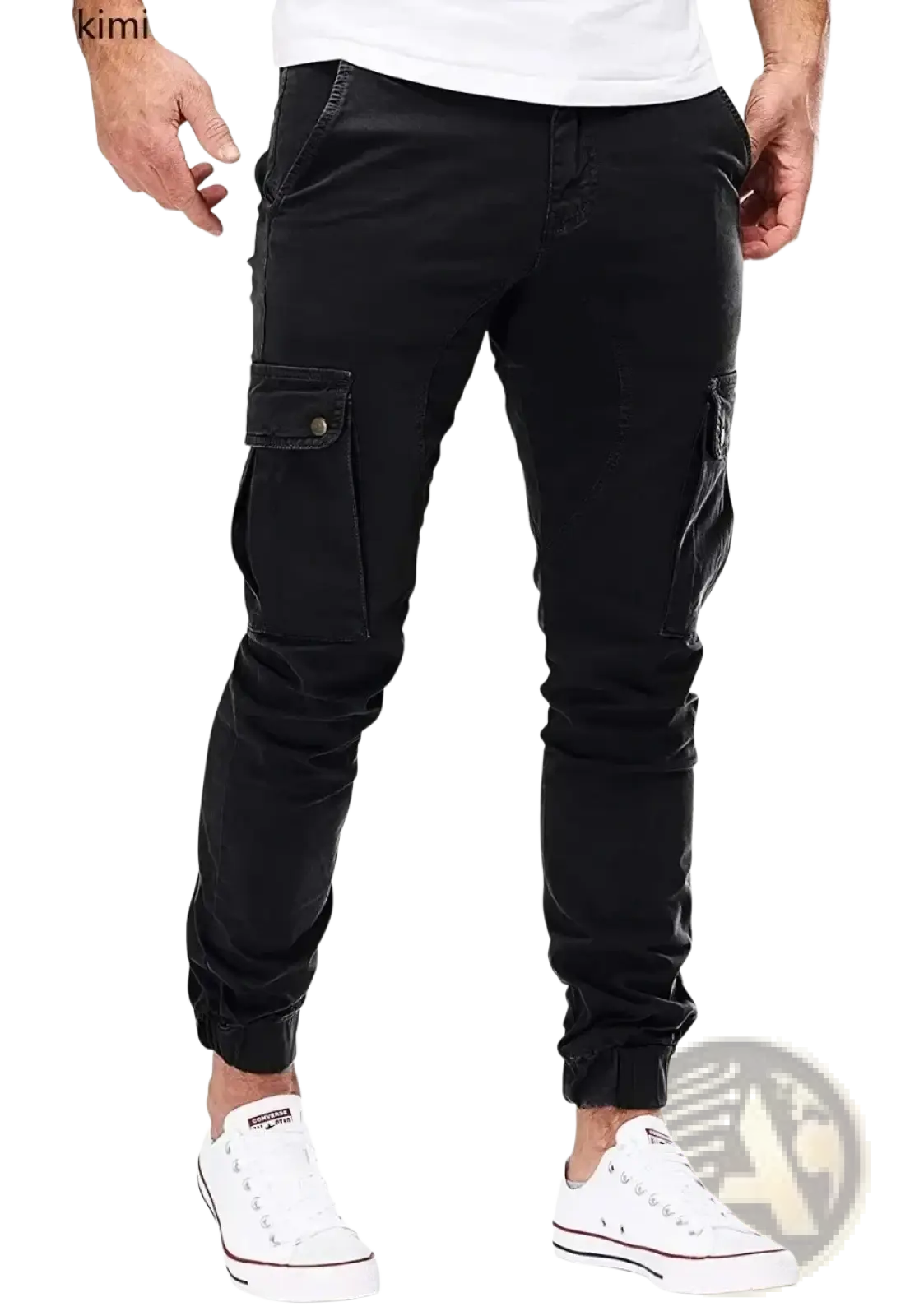 Men cargo jogger pants in black with elastic cuffs and multiple pockets designed for streetwear and sweatpants use