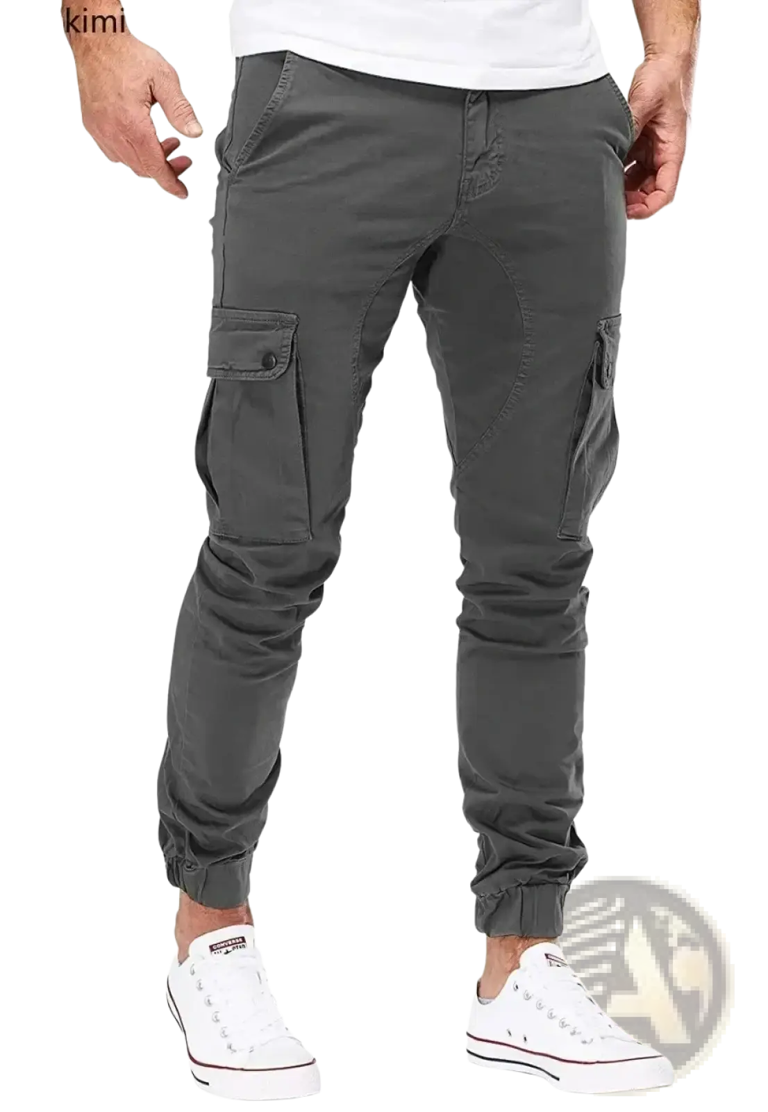 Dark gray men cargo jogger pants with multiple pockets and elastic cuffs designed for streetwear sweatpants style