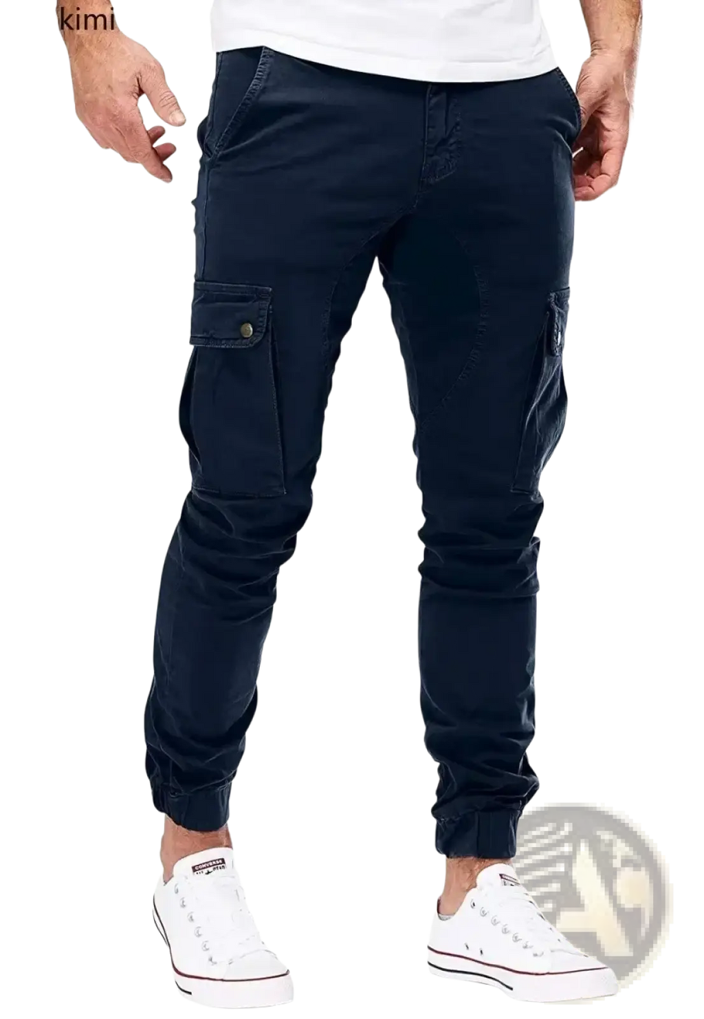 Dark navy men cargo jogger pants with multiple pockets and tapered cuffed legs for streetwear style and comfort