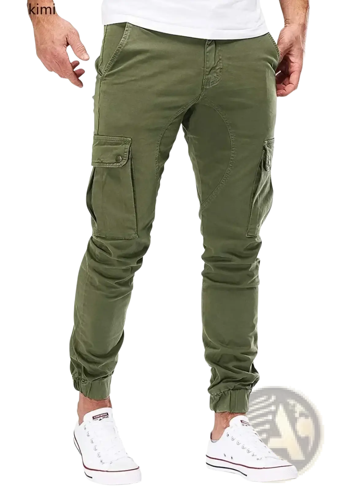 Men cargo jogger pants in olive green with elastic cuffs and multiple pockets designed for streetwear and sweatpants use