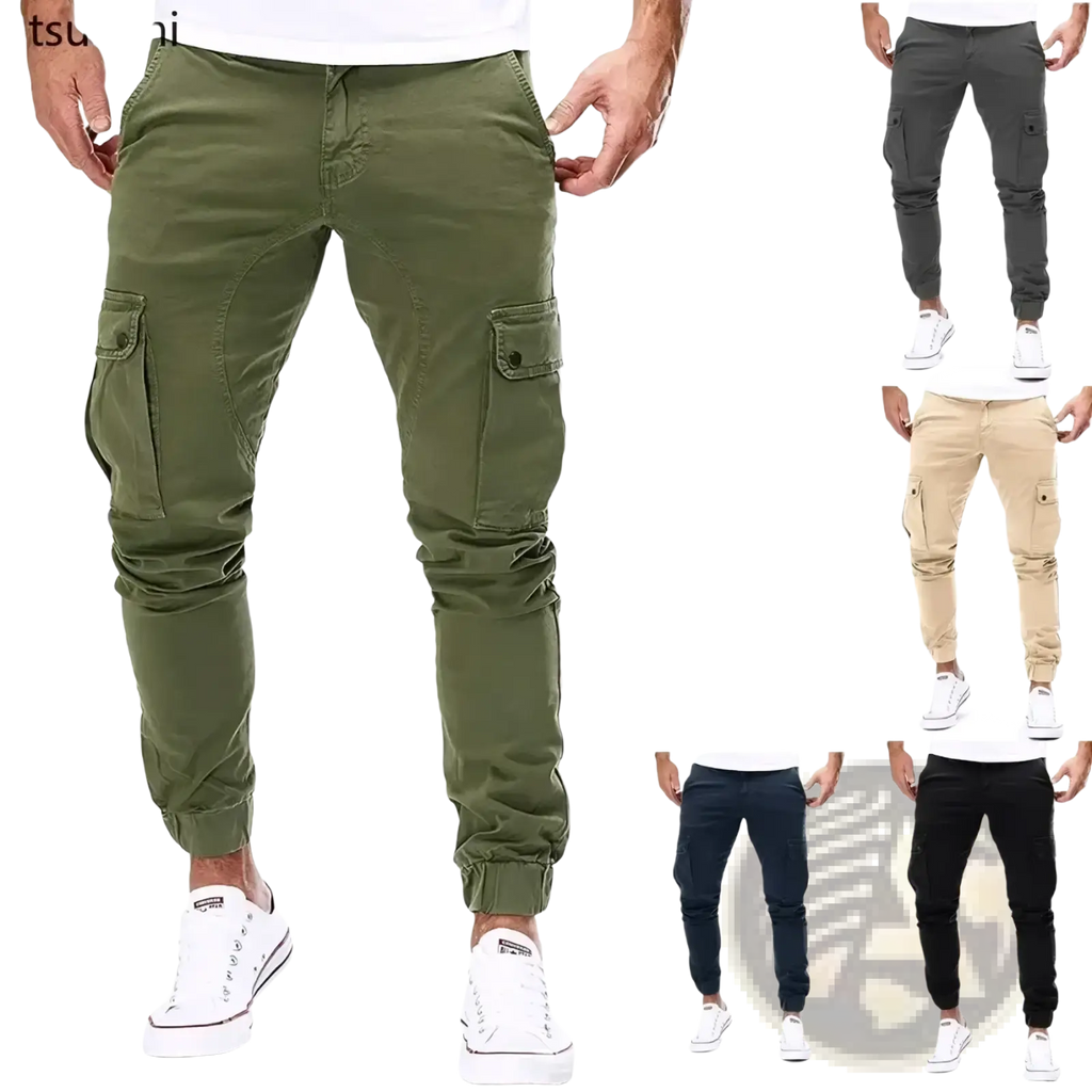Olive green men cargo jogger pants with multiple pockets and tapered leg design for streetwear use