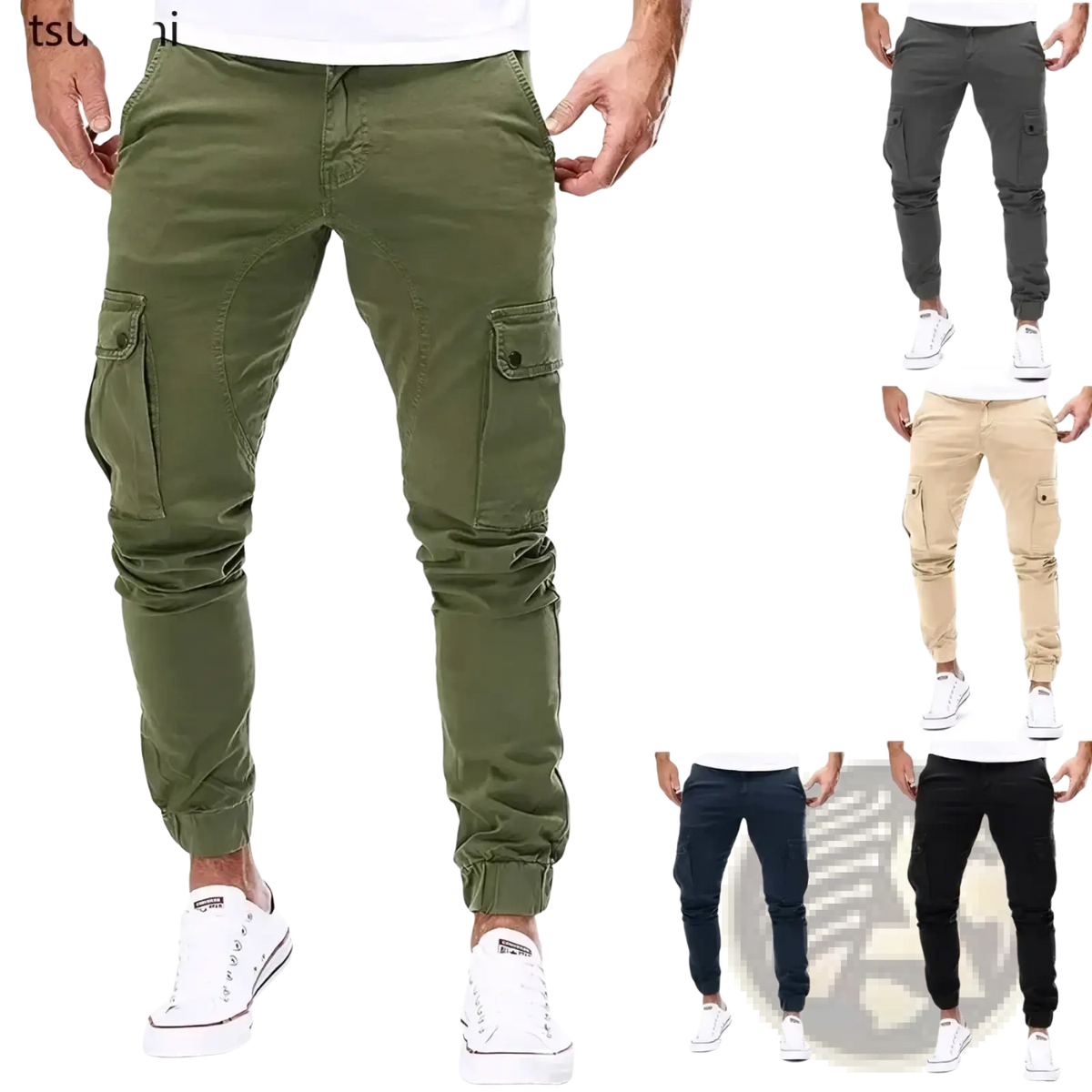 Olive green men cargo jogger pants with multiple pockets and tapered leg design for streetwear use