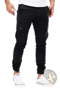 Men cargo jogger pants in black featuring elastic cuffs and multiple pockets for streetwear and casual use