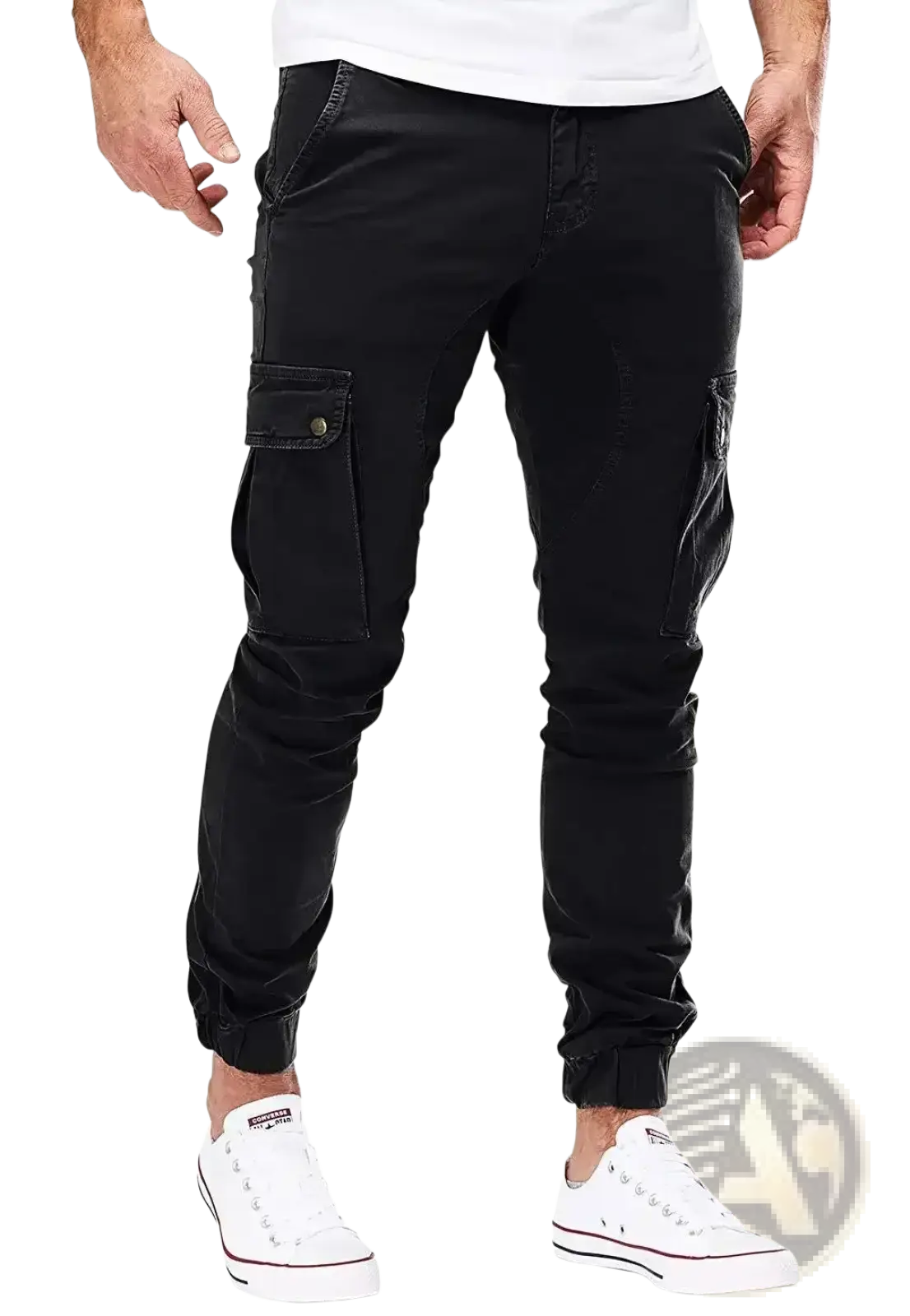 Men cargo jogger pants in black featuring elastic cuffs and multiple pockets for streetwear and casual use