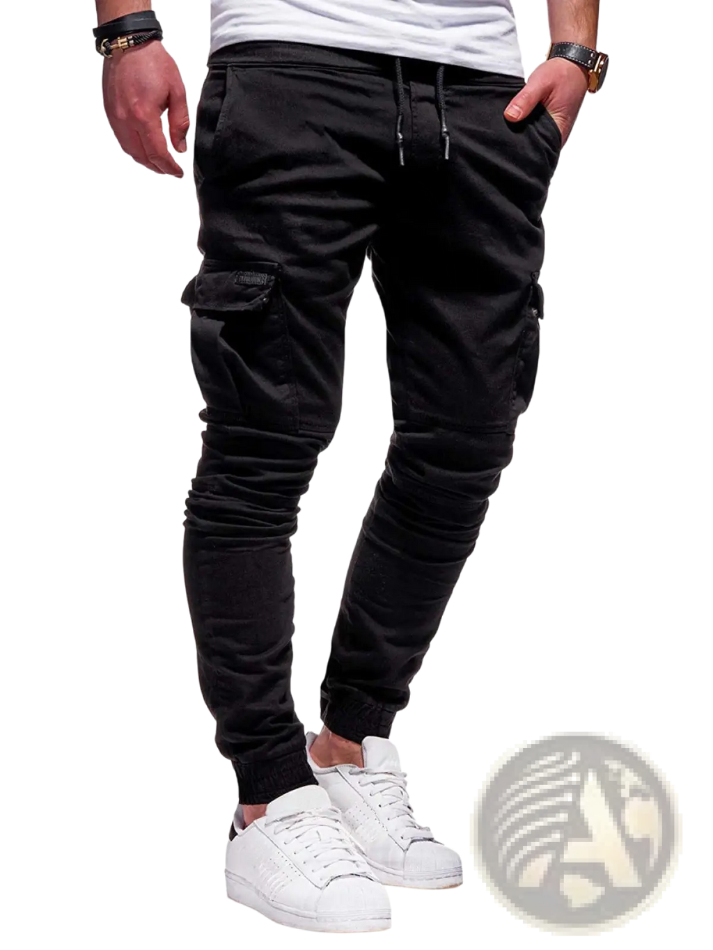 Men cargo joggers black casual sports pants with elastic cuffs and side pockets for comfortable wear