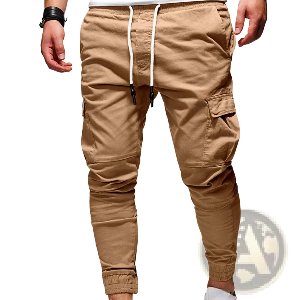 Men cargo joggers casual sports pants in beige with white drawstrings black aglets multiple pockets and elastic cuffs