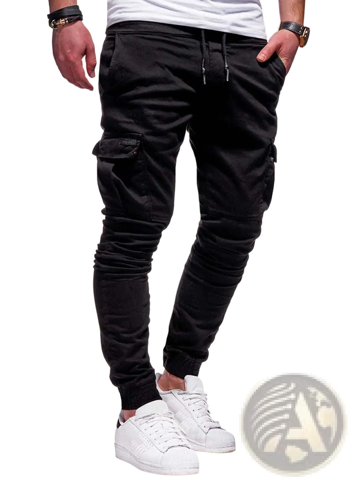 Men cargo joggers in black featuring elastic cuffs and side pockets designed for casual sportswear use